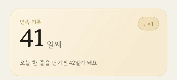 연속 기록 카드 — 41일째, 쉼표 1개